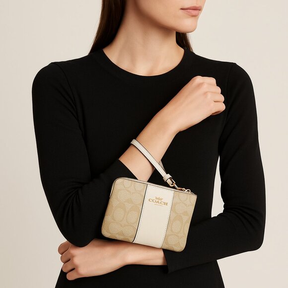 Coach Corner Zip Wristlet In Signature Canvas With Stripe - Picture 1 of 7